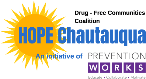 Sun logo: Drug-Free Communities Coalition - HOPE Chautauqua - An initiative of Prevention Works